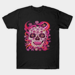 Sugar Skull Pink Flowers - Dia De Los Muertos - Pink Skull T-Shirt